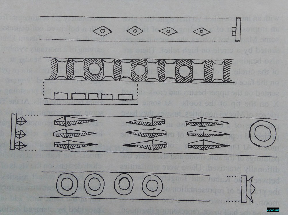  [ See Picture 4: Carving in the front wall of the House. Front and Side View. First, Tops. Mao Senapati District; Second, Wooden seats discs, Mao; Third, Beak of hotn bill, discs. Purul, Senapati District; Third, Discs. Purul.]   