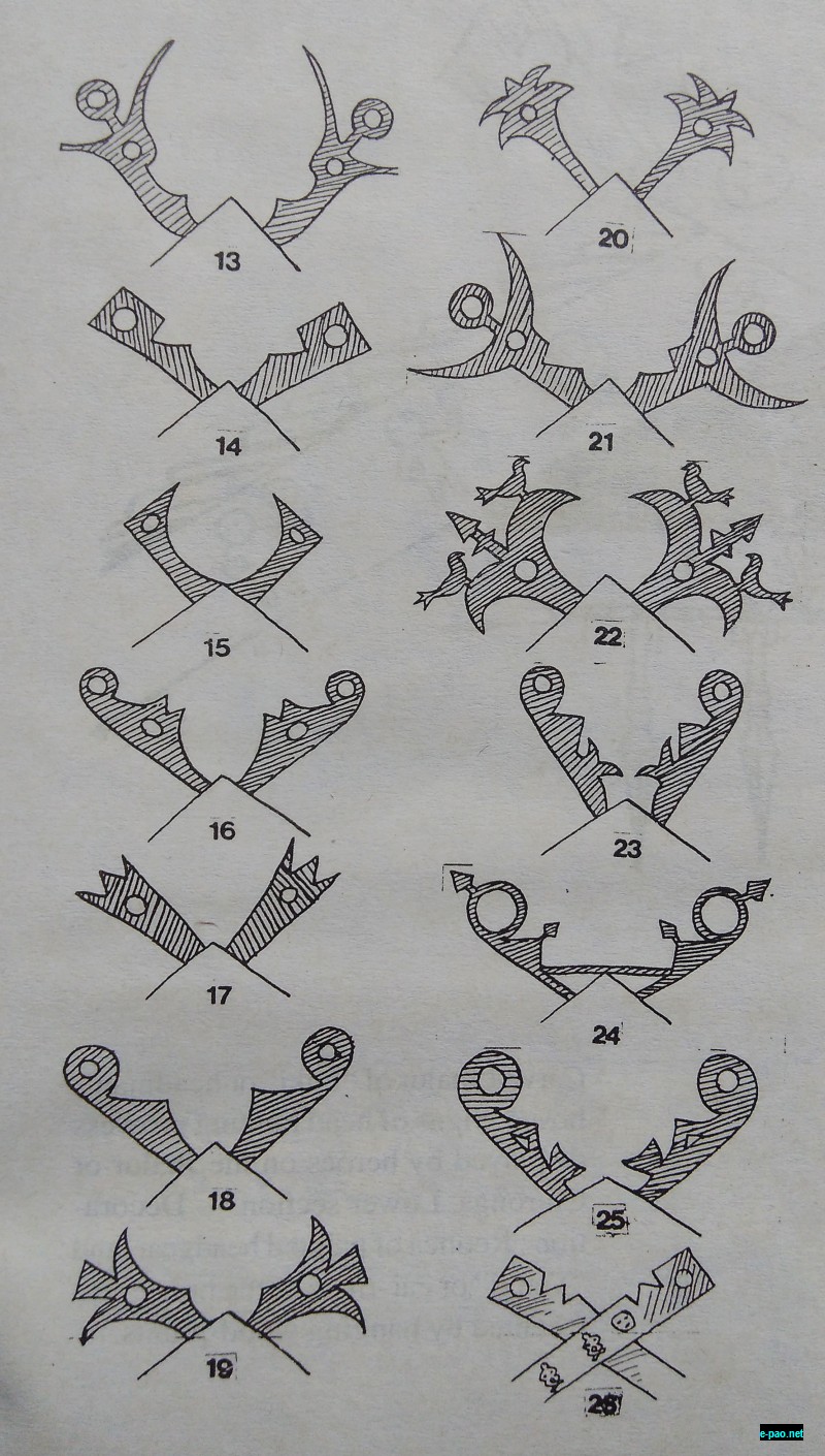   [See Picture 9: Varieties of Chirong or cross-shaped sign: 13. Zinc; Mao. 14., 15.,  Wooden; Paomai, Oinam. 16. – 24. Zinc ;Mao. 25. Zinc; Paomai, Paomata village. 26. Wooden carved; Paomai, Purul village.] 