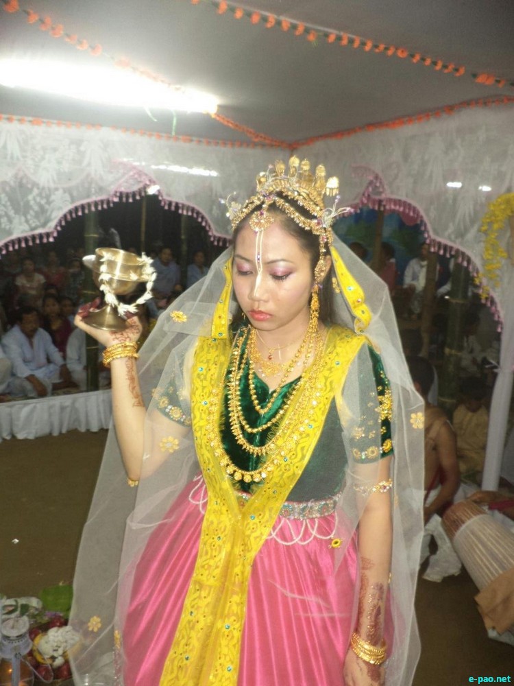 Assam Manipuri Marriage in traditional Meitei dress at Hojai Kalinagar Village, Nagoan District, Assam :: November 2013