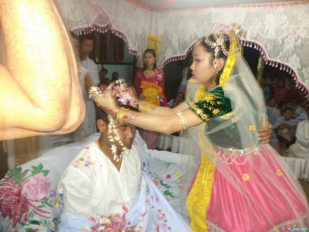 Assam Manipuri Marriage in traditional Meitei dress at Hojai Kalinagar Village, Nagoan District, Assam :: November 2013