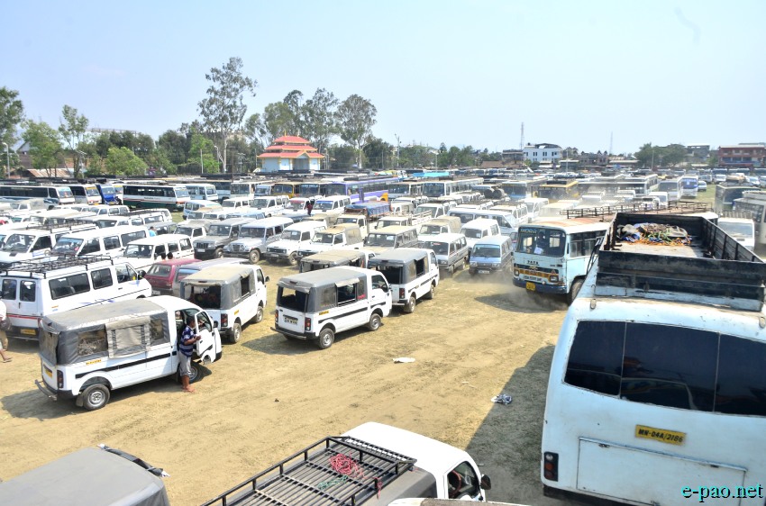 Vehicles lining up for Polling Personnel at Hatta Kangjeibung on 16th April 2014 before the LS Election in Manipur