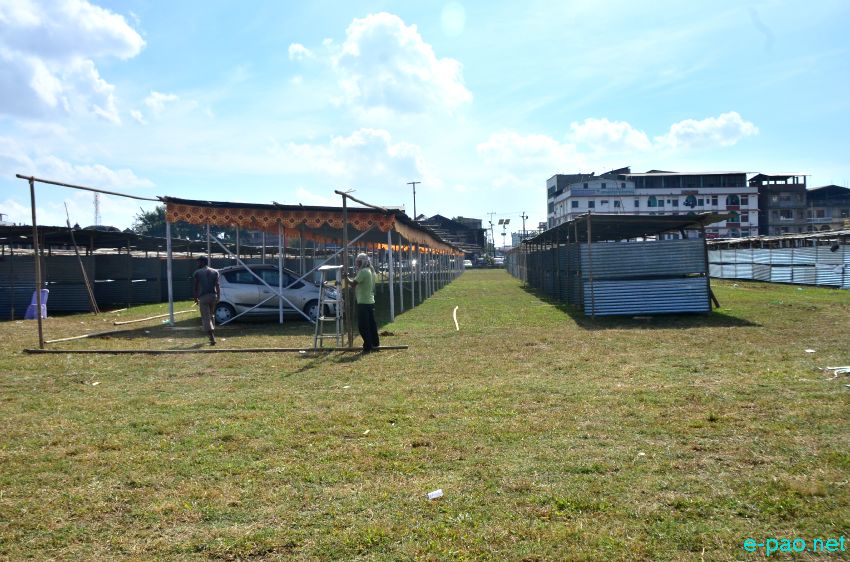 Stalls construction in progress for Manipur Sangai Festival 2014 at Hapta Kangjeibung, Imphal :: November 16 2014