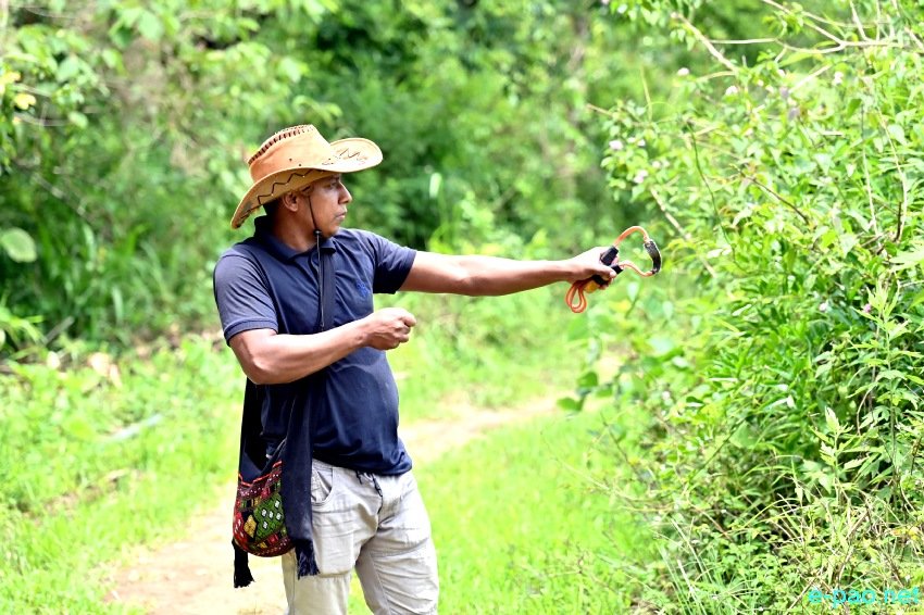 Environmental Activist peculiar way of planting seeds using a slingshot  at Kwakta ward no 7, Bishnupur ::  June 2021