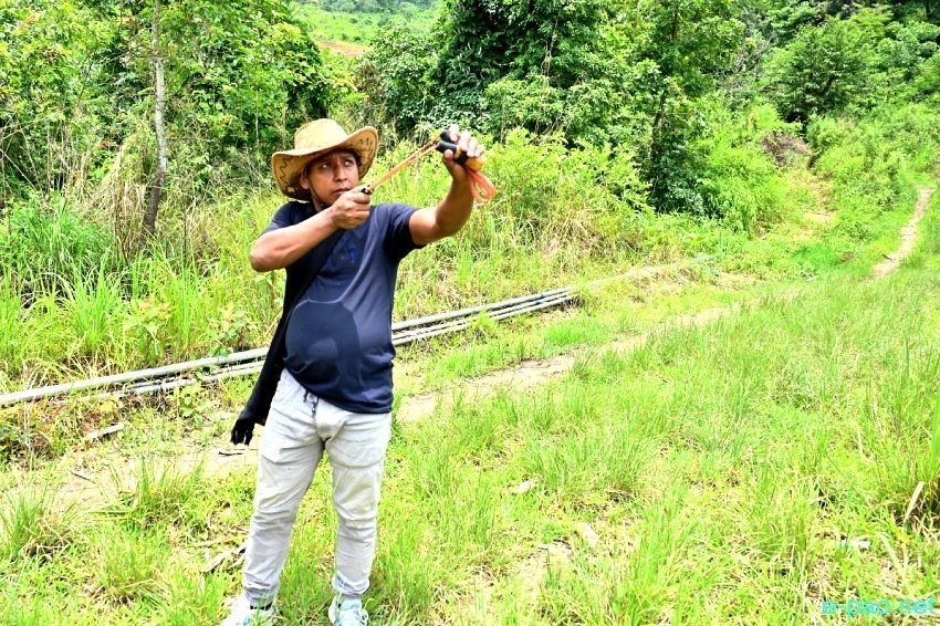 Environmental Activist peculiar way of planting seeds using a slingshot  at Kwakta ward no 7, Bishnupur ::  June 2021