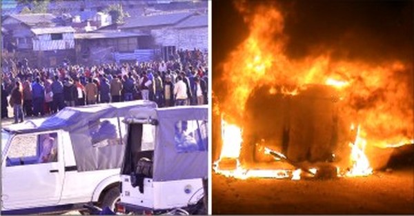 The gathering at TNL ground and the vehicle of the DC in flames 