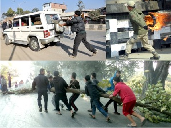 Top: a bandh supporter smashes the rear windshield of a vehicle (left), a security personnel removing a blazing tyre (right) and (bottom) youngsters putting up a road blockade