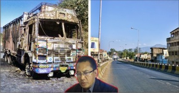 Truck burnt at Spt and the flyover during the general strike; Paul Leo while addressing the media