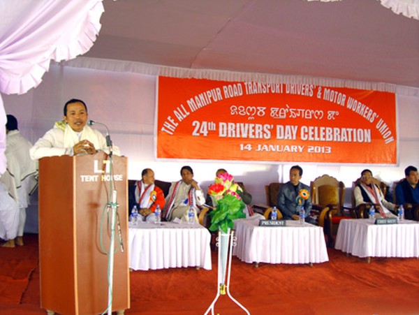 A dignitary speaking at a Drivers' Day observance organised by All Manipur Road Transport Drivers' and Motor Workers' Union at Langjing