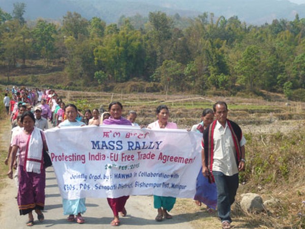 Womenfolk taking out a mass rally against India-EU Free Trade Agreement in Bishnupur district