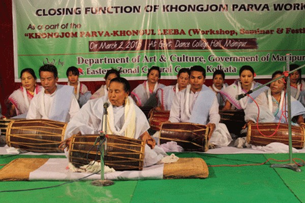 A group of Khongjom Parba artistes presenting a sequence at the Khongjom Parva festival organised by Art and Culture Dept at Govt Dance College