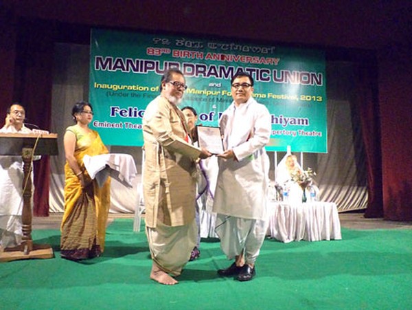 Theatre Director Ratan Thiyam being feted by Minister I Hemochandra during 83rd Foundation Day celebration of MDU 