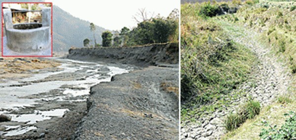 (Inset) A dry well, Sekmai river with little water volume and a dry canal at Konthoujam