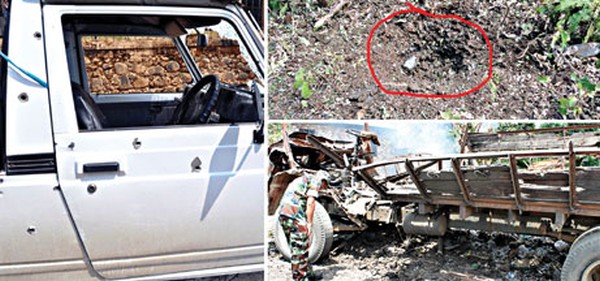 The bullet riddled Gypsy and (top) the crater left behind by a blast at Moreh road and the mangled remains of a truck at Sekmai