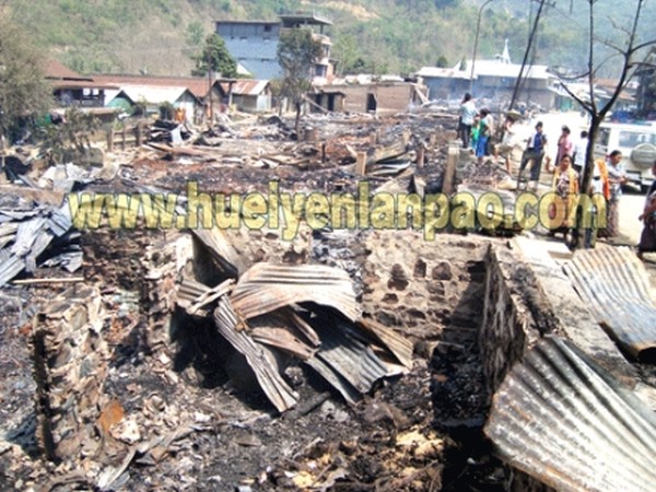 Remnants of the houses and shops at Noney Bazaar after the devastating fire