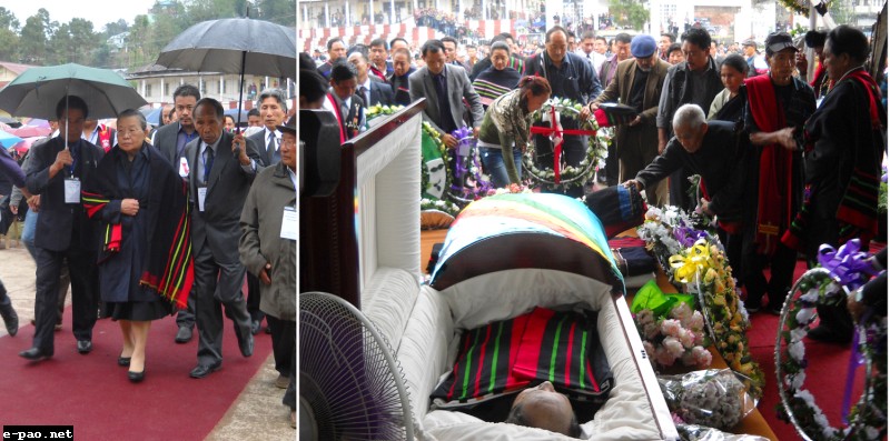 Miss Adino Phizo (left), President of NNC, arriving to attend her brother late Kevilevor Phizo's funeral service at Mission Compound here at Kohima. (Right) Leaders of various organizations and publics were seen laying wreaths to the departed leader of NNC, Kevilevor on April 28, 2013