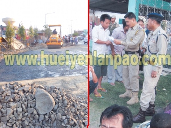 Police verifying local residents during combing operations ahead of the visit of President of India; a road stretch at Imphal getting a facelift