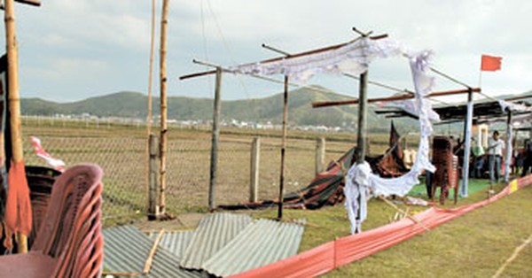 A section of the temporary spectators' shed constructed for a sports event at Roshmani Ground, Kontha Ahallup lies in disarray after a storm hit the area on April 20 afternoon
