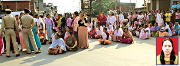Womenfolk blocking the road and inset the late Satyabhama