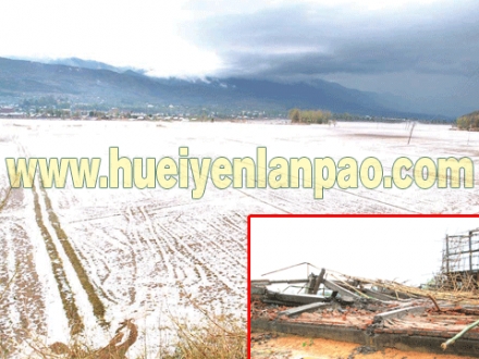 After the Hail Storm: (Above) A vast paddy field lies covering with hails in Churachandpur district.<BR><BR>Photo: Haopu (Inset) The newly constructed Indoor Stadium of Jiri College which has been flatten in the hail storm, more from lack of quality control in the construction work than the fury of the storm.
