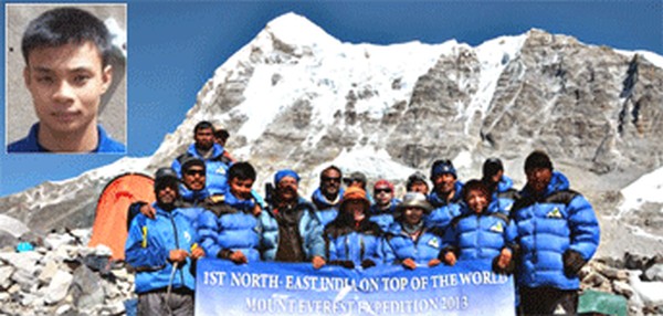 (Inset) Chingkheinganba and the NE Mt Everest expedition members at a base camp in the Himalayas