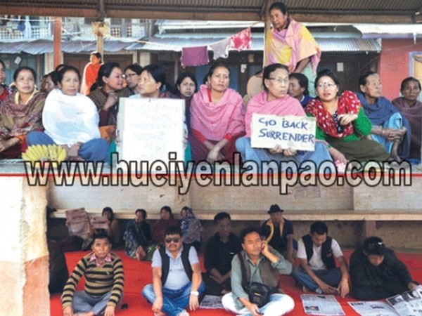 Sit-in protests at Chandel (below) and Khongjom against sheltering surrendered UG cadres
