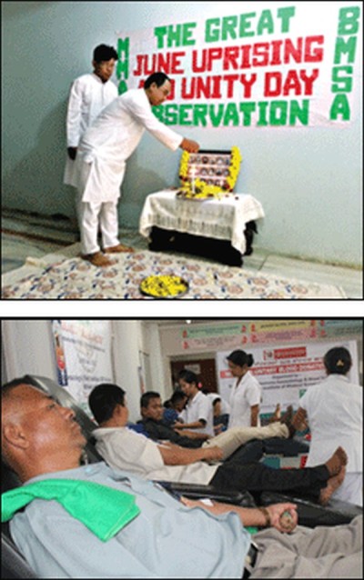 Floral tributes being paid to martyrs of the June, 2001 Movement at an anniversary function held at Bangalore (Top) Volunteers donating blood on the occasion of June 18 anniversary at RIMS (Bottom)