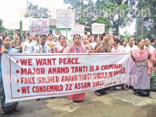 Denizens of Jiribam protesting against the highhandedness of the Assam Rifles personnel on July 18 2013