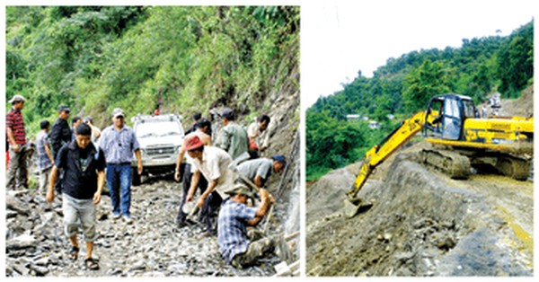 (L) Work on at the Meirei-Kedima road and (R) the sunken portion of NH-2