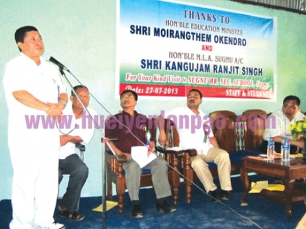 Education Minister Okendro looks on as MLA Ranjit speaks during a reception function at Kakching Khunou College
