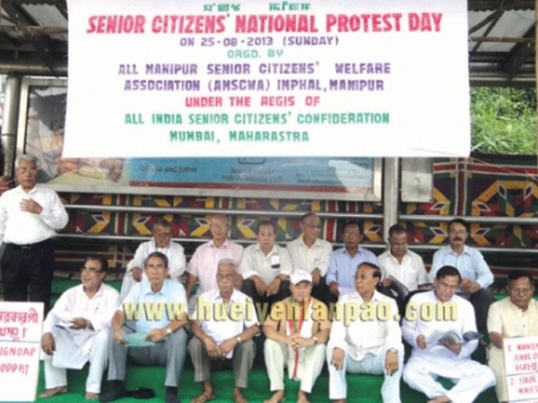 Senior citizens staging a sit-in to demand maintenance grant