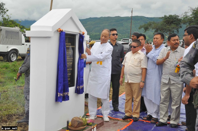CM Ibobi laying the foundation stone of the district sports complex of Bishnupur at Phubala