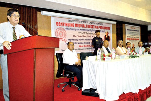 A resource person speaking at a workshop on Homoepathy in the North East at Classic Hotel