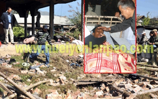 A bomb expert scanning the blast site for more possible explosives, (inset) Dy CM visiting the injured