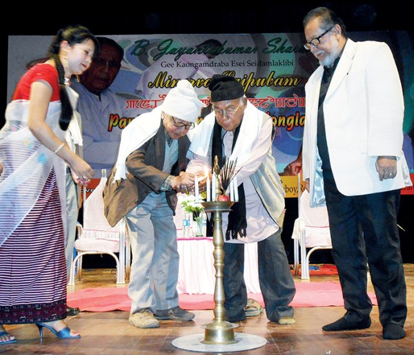 Dignitaries light up the inaugural lamp of a musical concert titled 'Panthou Mangon Khenjonglang' at the auditorium of MFDC, Palace Compound on Sunday