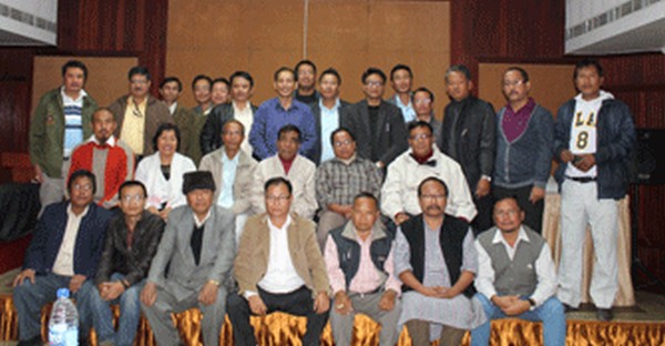 Editors of Imphal based newspapers assembling for a group photograph after formally setting up the Editors' Guild Manipur