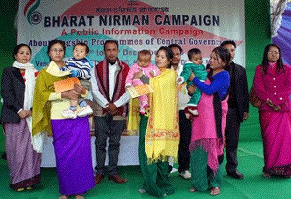Prize winners of a Healthy Baby Competition pose for lens during a Bharat Nirman campaign at Heirok 