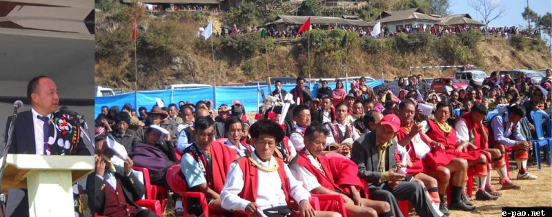 Nagaland Assembly Speaker Chotisuh Sazo addressing on the occasion of the 34th Cultural Day that coincides with the Sukrunye (premier festival of the Chekhesangs) organized by the Model Village Yorubami Youth Association (MVYYA) at the Yorubami Public Ground January 9, 2014