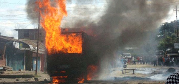 File pic of a truck set aflame during the Sadar Hills blockade in 2011