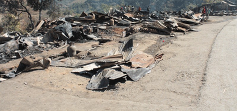 The remains of the houseses which were devastated in the raging inferno at Litan