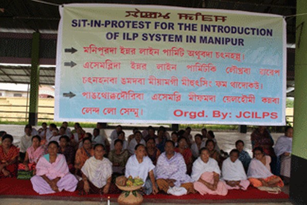 Womenfolk staging sit-in-protest at an Imphal locality demanding implementation of ILPS in the State