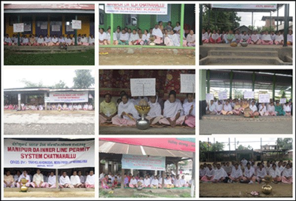 Womenfolk and Meira Paibi activist staging peaceful protest demonstration in different localities demanding enforcement of ILPS in Manipur