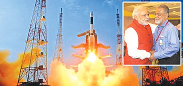 The spacecraft takes off and (inset) PM Modi congratulates ISRO Chairman