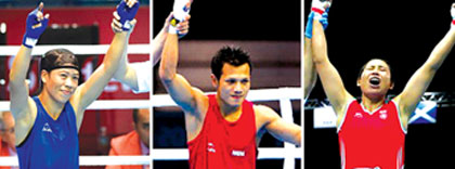 Mary Kom after winning her round of 16 bout (R), a file photo of L Devendro and L Sarita Devi