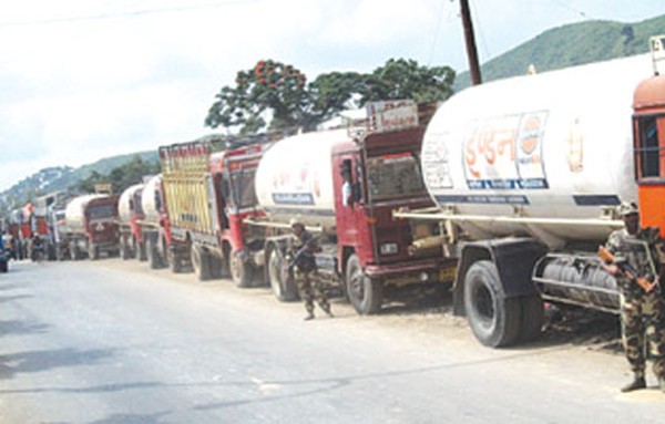 Soldiers along with oil tankers during an earlier blockade-File pic