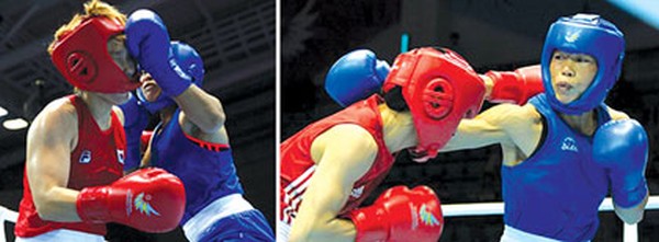Laishram Sarita Devi (in blue) in action against Korea's Jina Park (left), MC Mary Kom (in blue) lands a punch against Vietnam's Le Thi Bang (right)