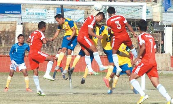 TRUGPU, Nambol and BMSC, Taobungkhok players challenge for the ball 