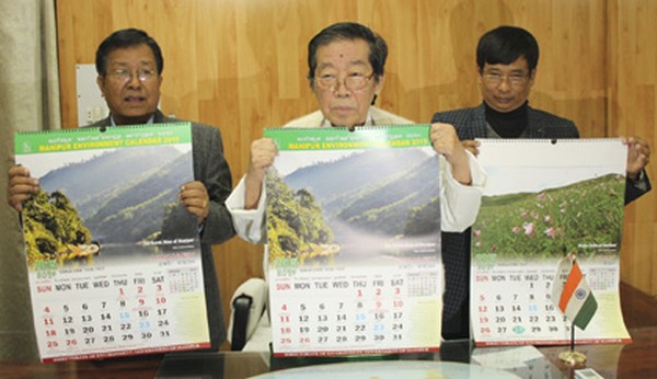 Forest & Environment Minister, Th Debendra (centre) releasing the Manipur Environment Calender, 2015 
