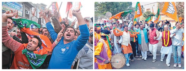 BJP supporters celebrate in left Jammu and Kashmir and Jharkhand 
