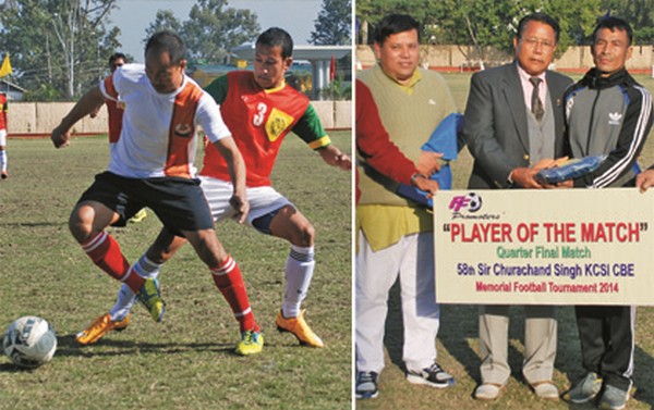 TRAU and SSB players battle for the ball (left), man of the match SSB's H Govinda receiving award 