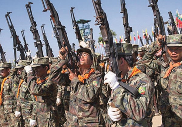 This picture taken on February 5, 2015 shows Shan State Army - South (SSA-S) soldiers training at their headquarters in Loi Tai Leng, in Myanmar's northeastern Shan State, a few days ahead of the 68th Shan National Day celebrations which were held on Feb 7 